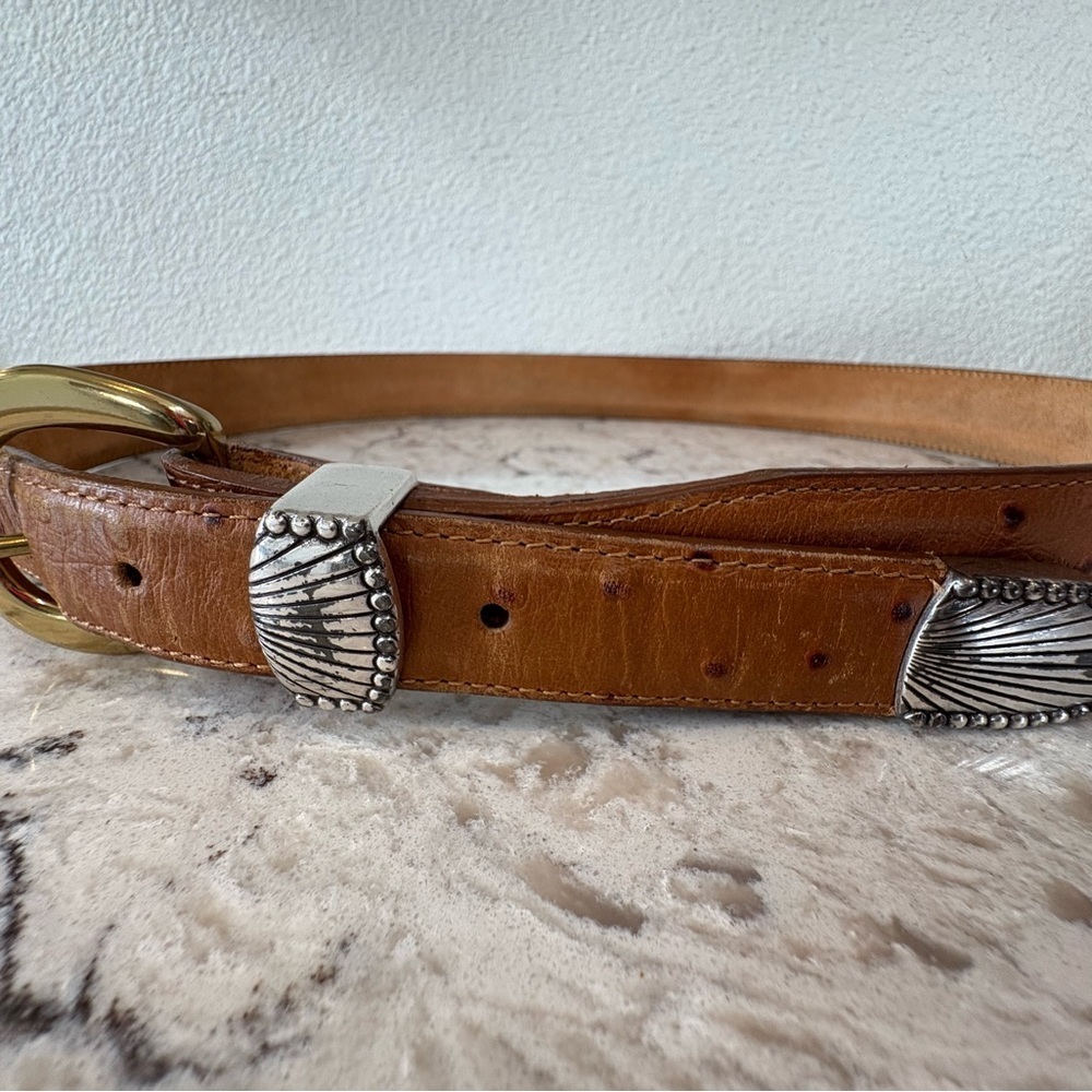 Tony Lama Brown Leather Belt with Gold Buckle - Picture 2 of 5